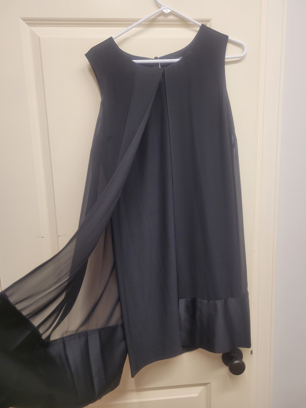 SLNY Black Sleeveless Midi Dress with Draped Sheer Panel